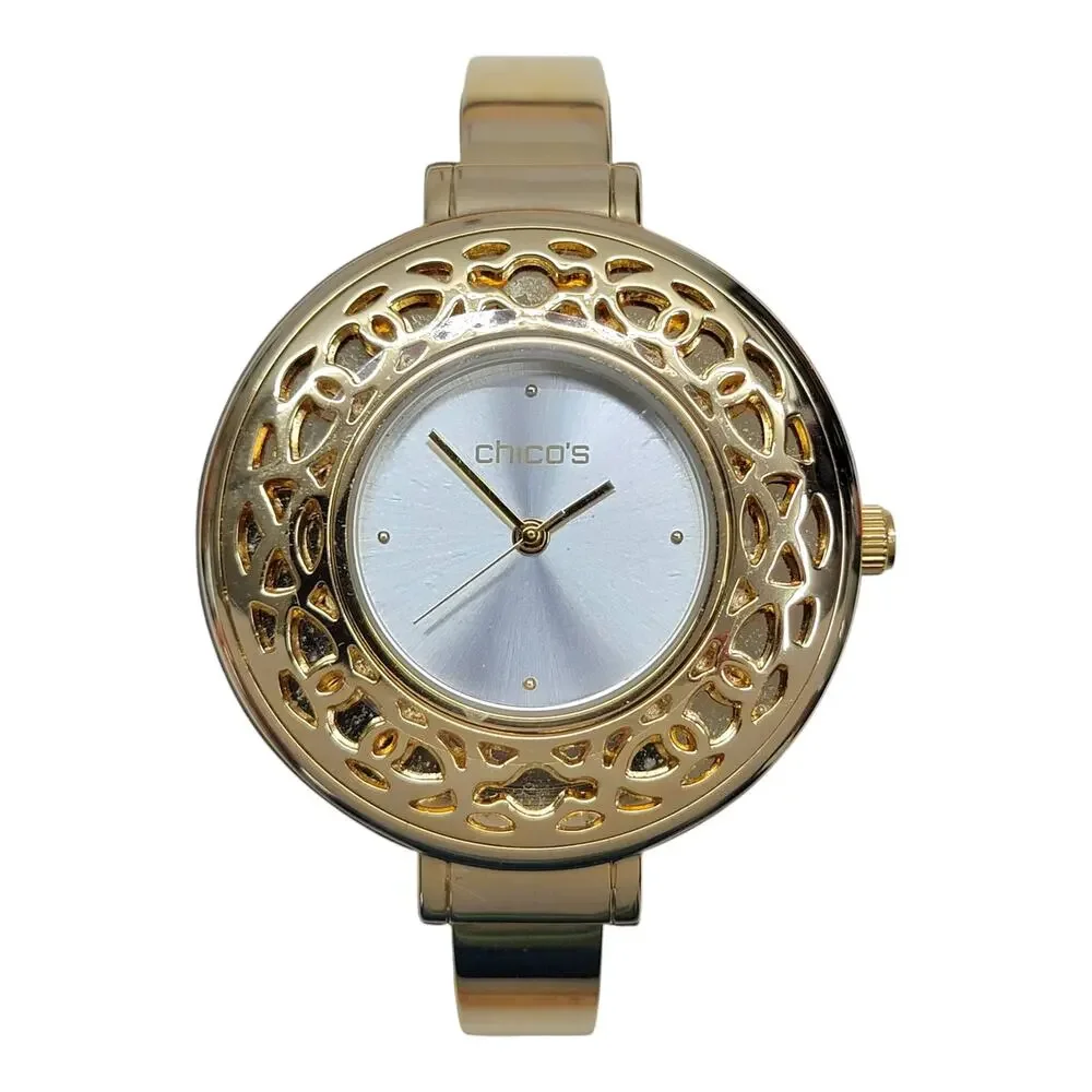 Chicos Portia Watch Womens Gold Tone Openwork Filigree Cuff Bangle New Battery